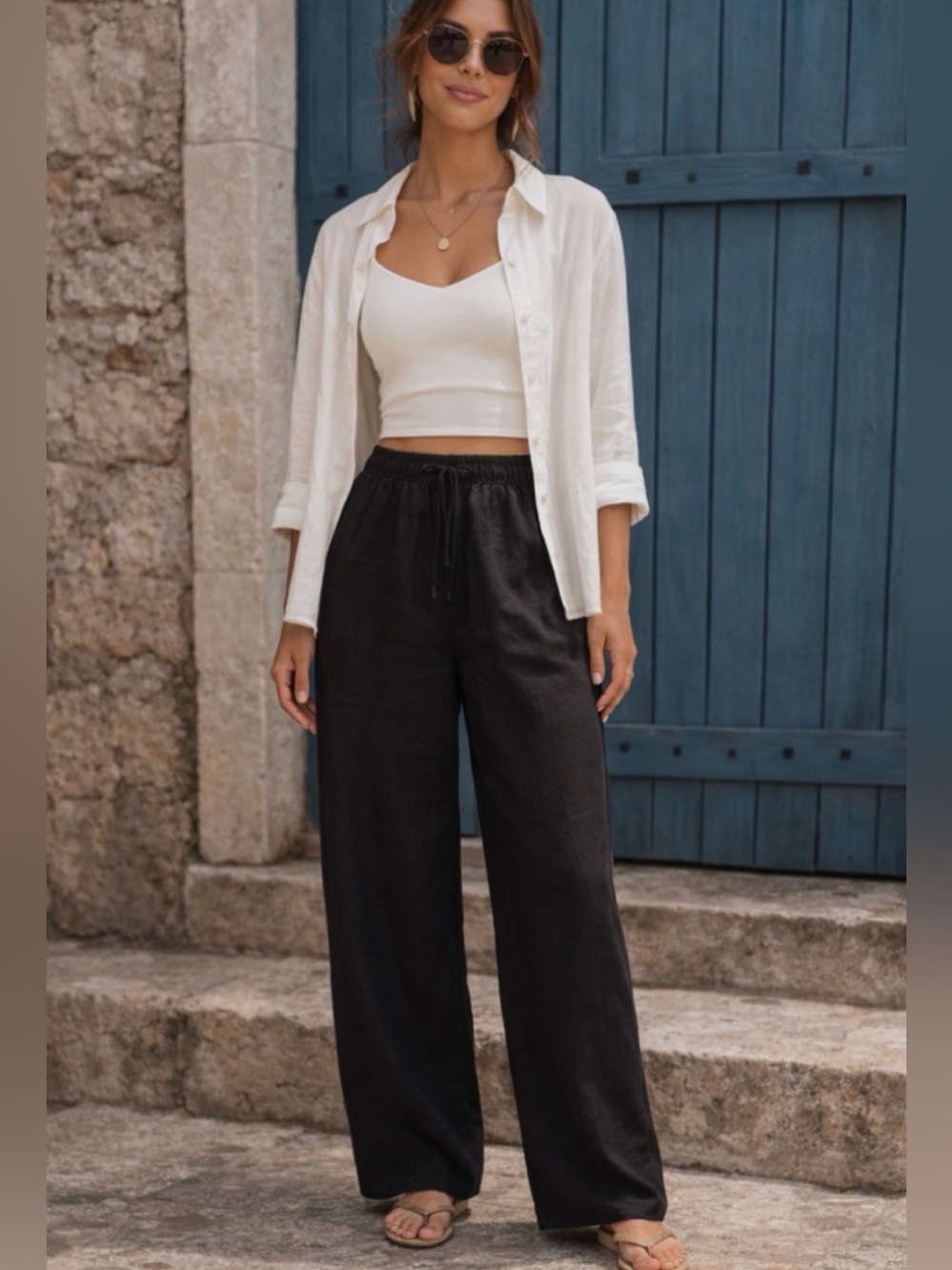 H&M Linen Blend Wide-Leg Black Drawstring Pants